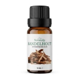 sandelhout.webp Amberkleurig flesje met zwarte dop en etiket van Scentulp Sandelhout etherische olie.