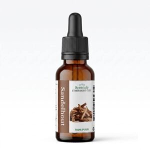 scentulp-sandelhout-etherische-olie-30ml.webp Amberkleurig flesje met pipetdop en etiket ‘Sandelhout’.