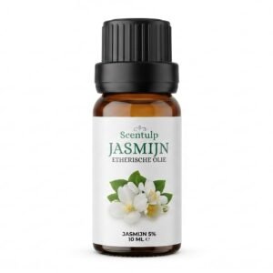 jasmijn Bruin glazen flesje met zwarte dop en etiket met jasmijnbloemen.