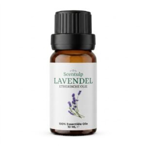lavendel Bruin glazen flesje met zwarte dop en etiket met lavendelillustratie.