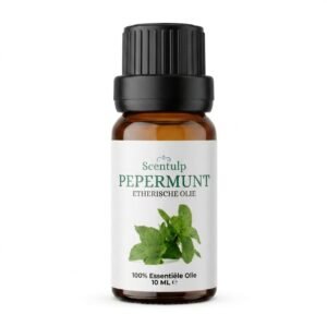 pepermunt Amberkleurig glazen flesje met zwarte dop en label voor Scentulp pepermuntolie, met afbeelding van muntblaadjes.