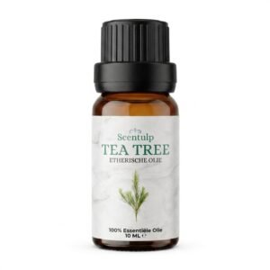 tea tree Amberkleurig flesje met zwarte dop en etiket van Scentulp Tea Tree olie.