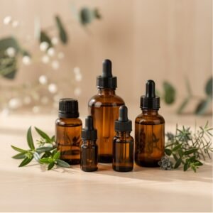 biologische etherische oliën flessen met druppelaars en planten