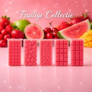 Vijf roze waxmelts met fruitmotieven